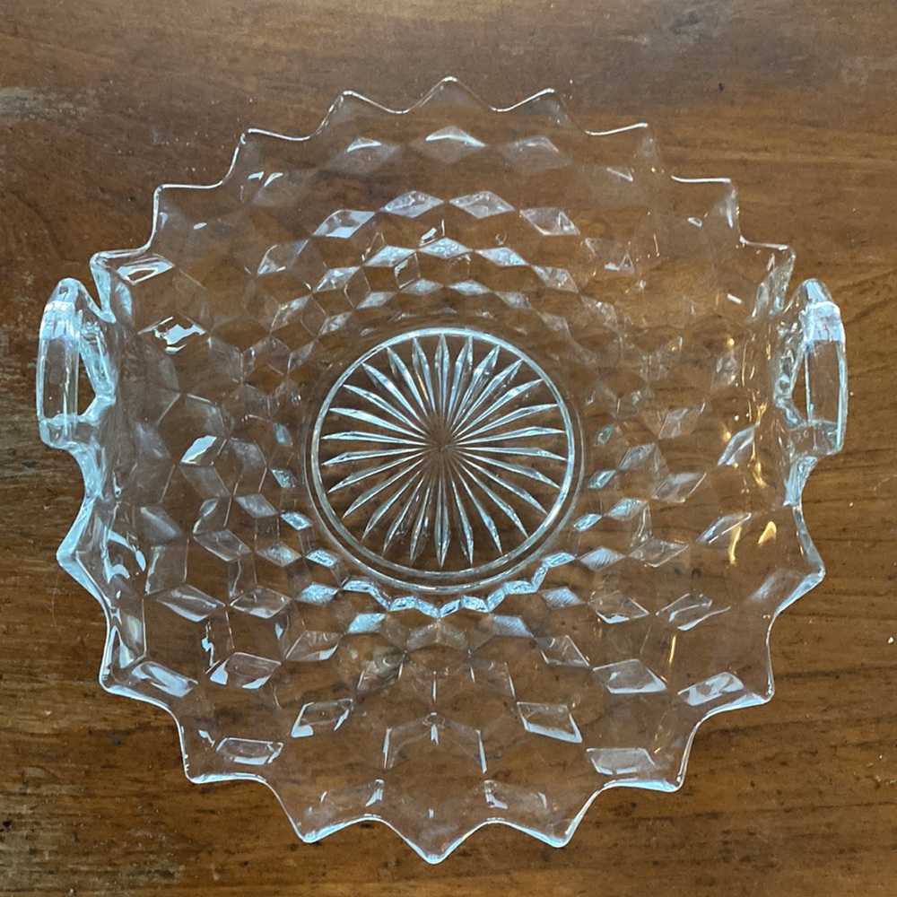 Vintage Fostoria clear glass graduated cube design serving dish integral handles